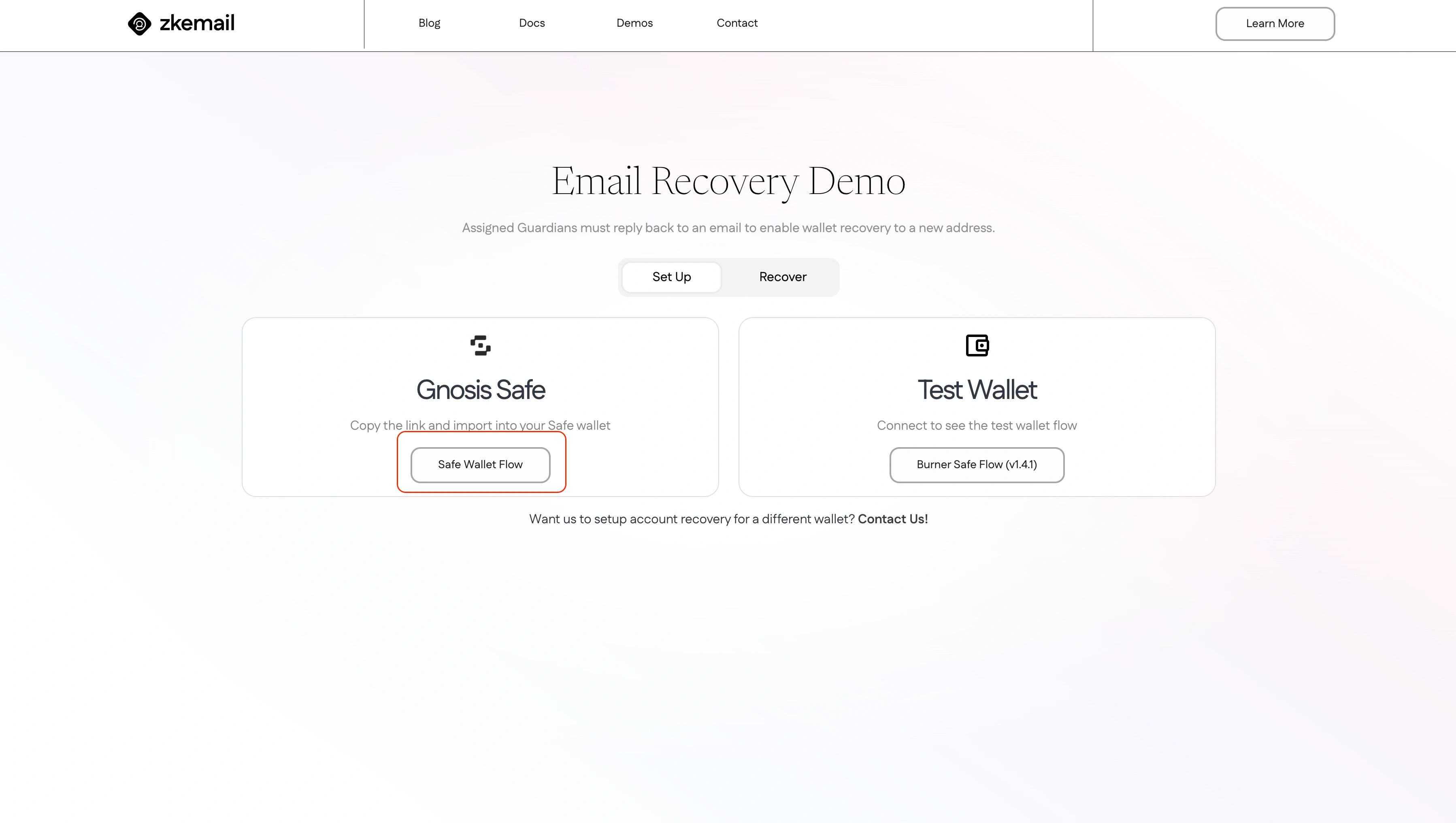 ZK Email Recovery Landing Page Safe Wallet Flow